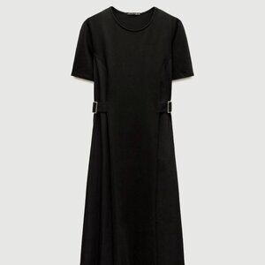 NWOT Zara Combination Buckle-Waist Black Midi Dress